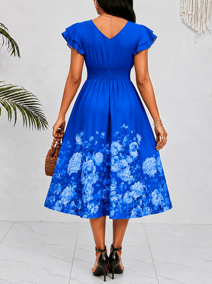 Effortless Blue Floral Midi Dress for Women with V Neck Flutter Sleeve Smocked Waist Flowing Style