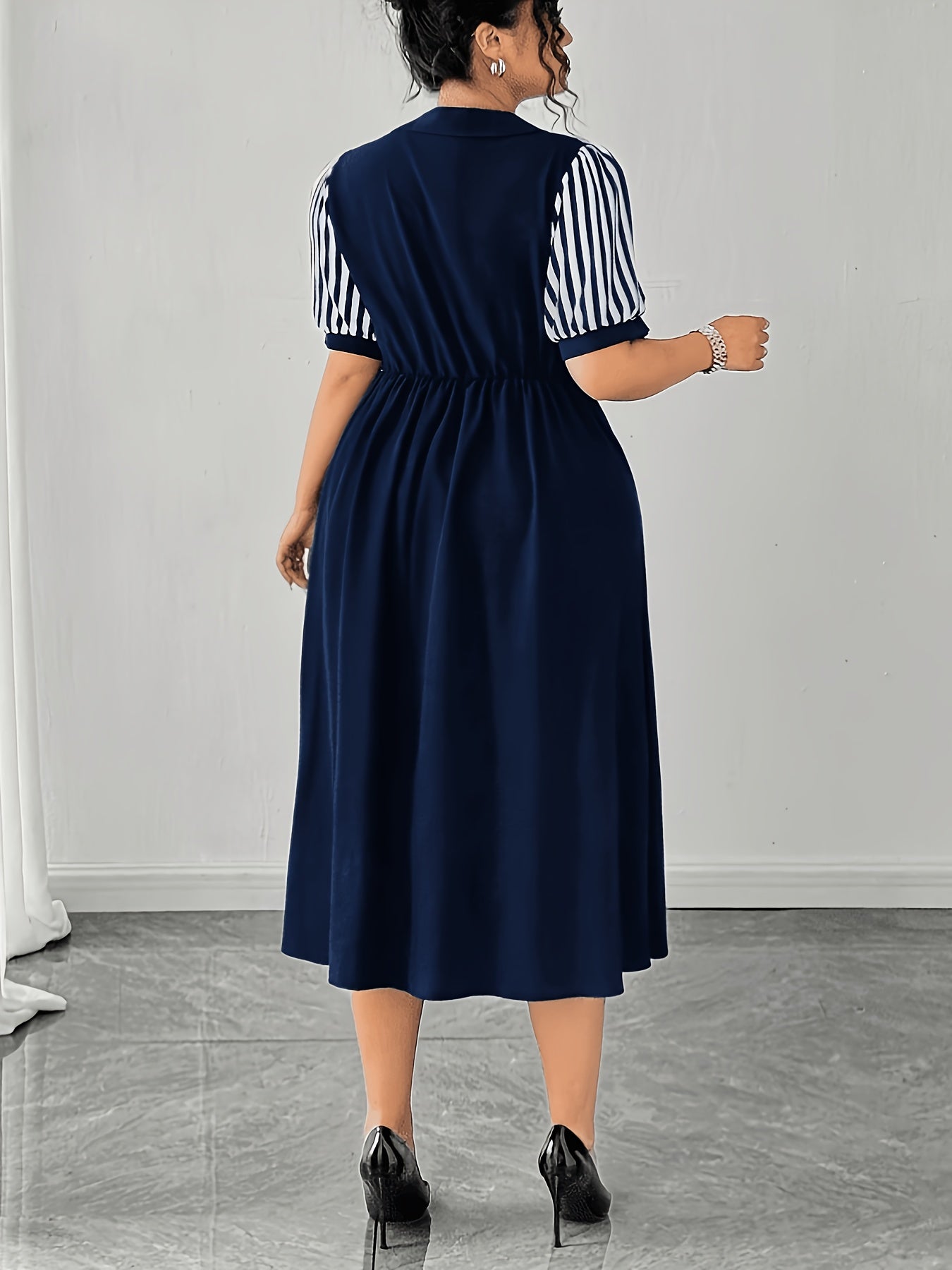 Elegant Navy Striped Midi Dress for Women with Collar Short Sleeve Button Front A Line Style