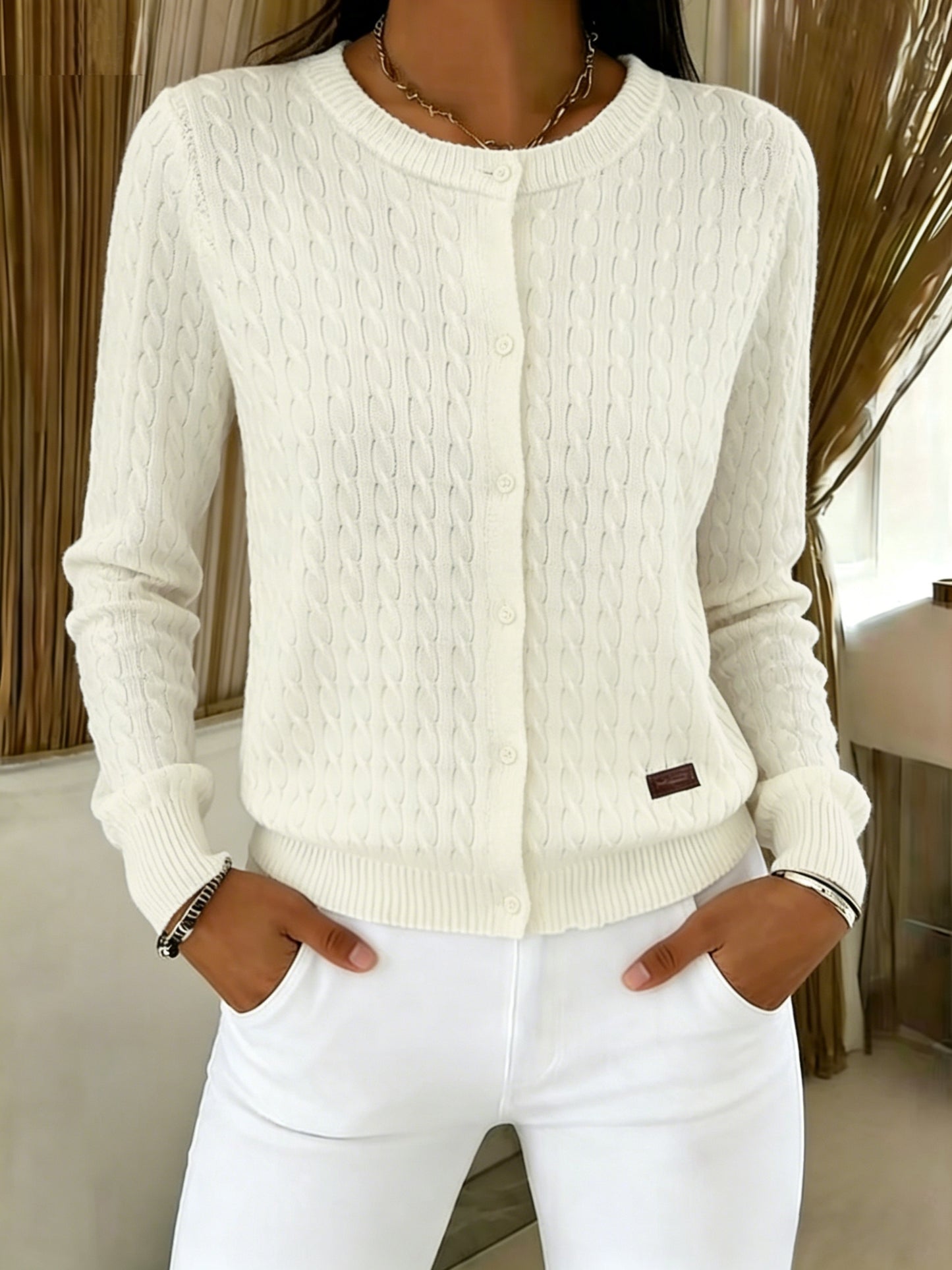 Comfortable Cable Knit Cardigan Sweater for Women with Crew Neck Long Sleeve Button Front Relaxed Casual Style