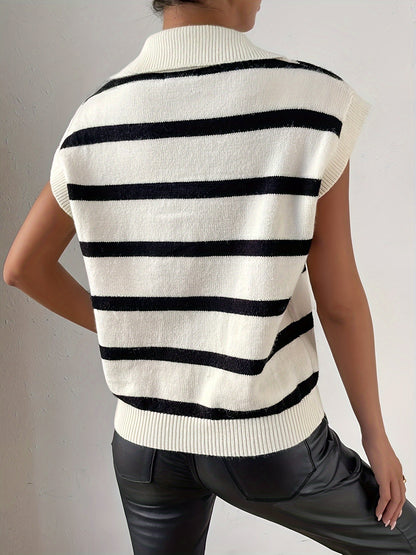 Effortless Black and White Striped Sweater Vest for Women with Collar V Neck Sleeveless Cropped Relaxed Style