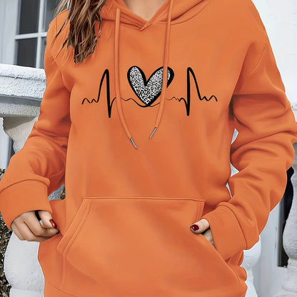 Comfortable Heartbeat Print Hoodie for Women with Drawstring Hood Long Sleeve Kangaroo Pocket Oversized Style