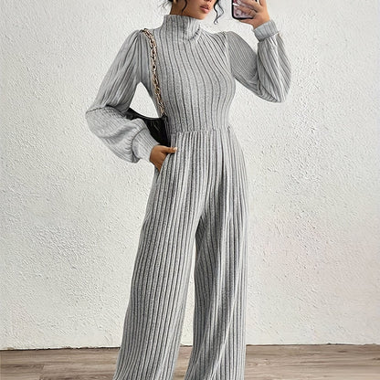 Effortless Ribbed Knit Jumpsuit for Women with Mock Neck Long Sleeve Wide Leg Relaxed Style