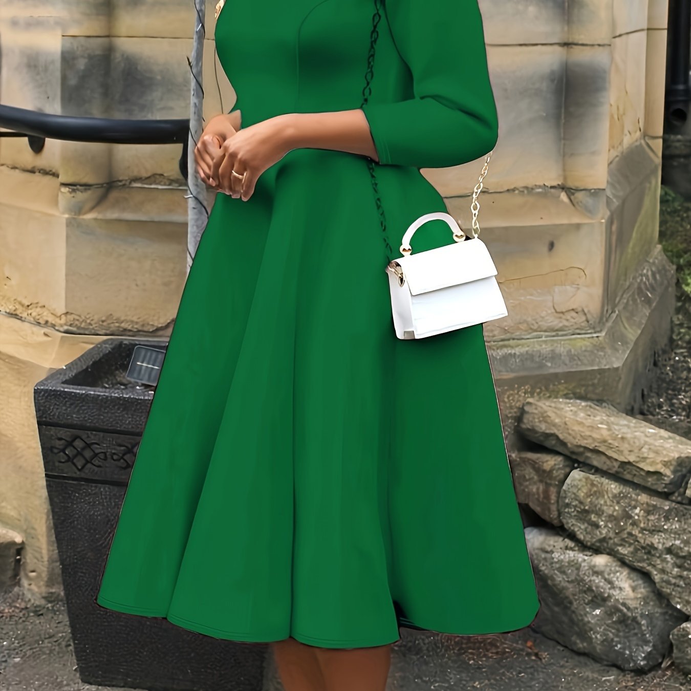 Elegant A Line Midi Dress for Women with Round Neck Elbow Sleeve Fit and Flare Style