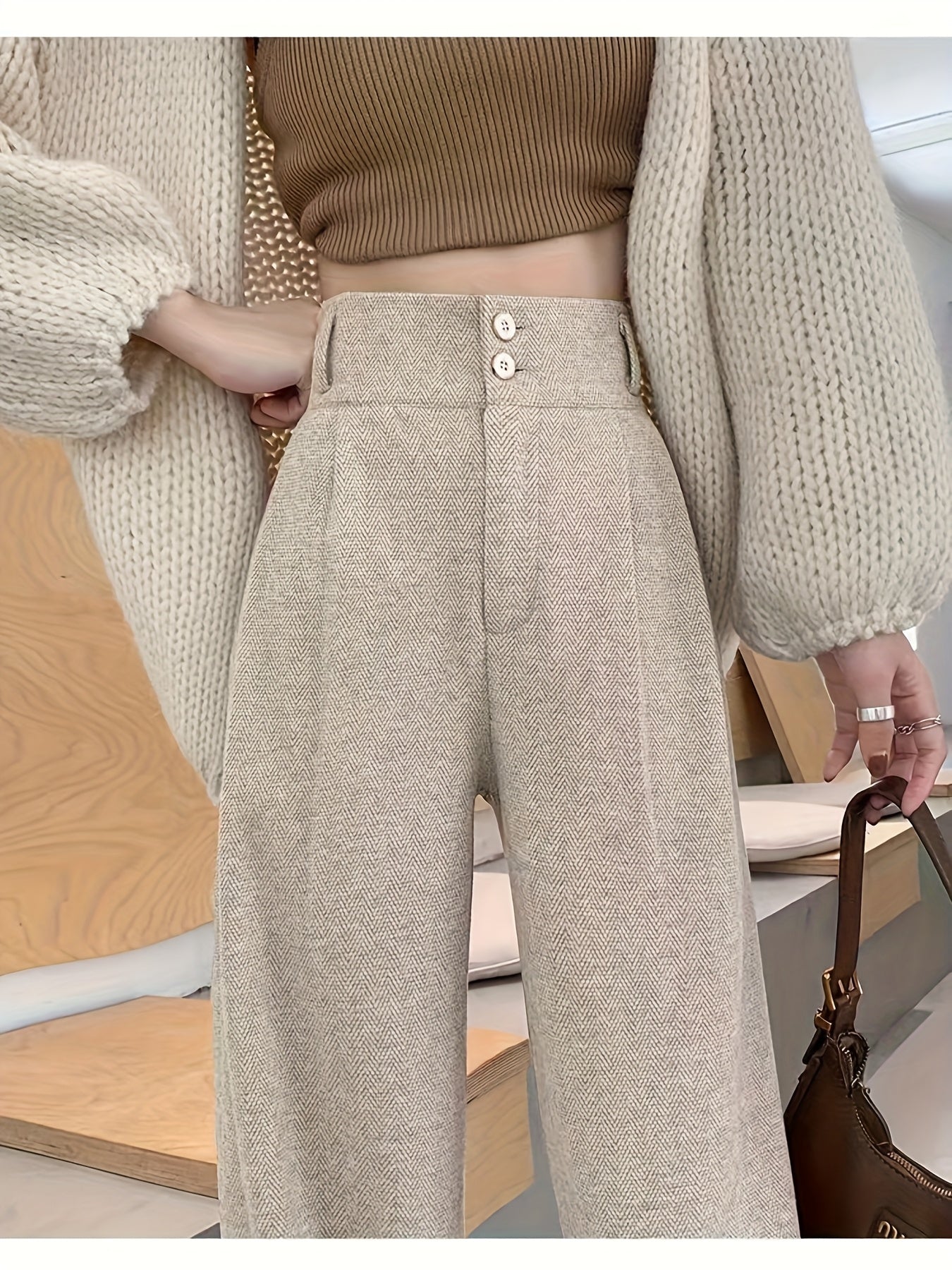Effortless Herringbone Wide Leg Pants for Women with High Waist Button Front Pleated Tailored Style