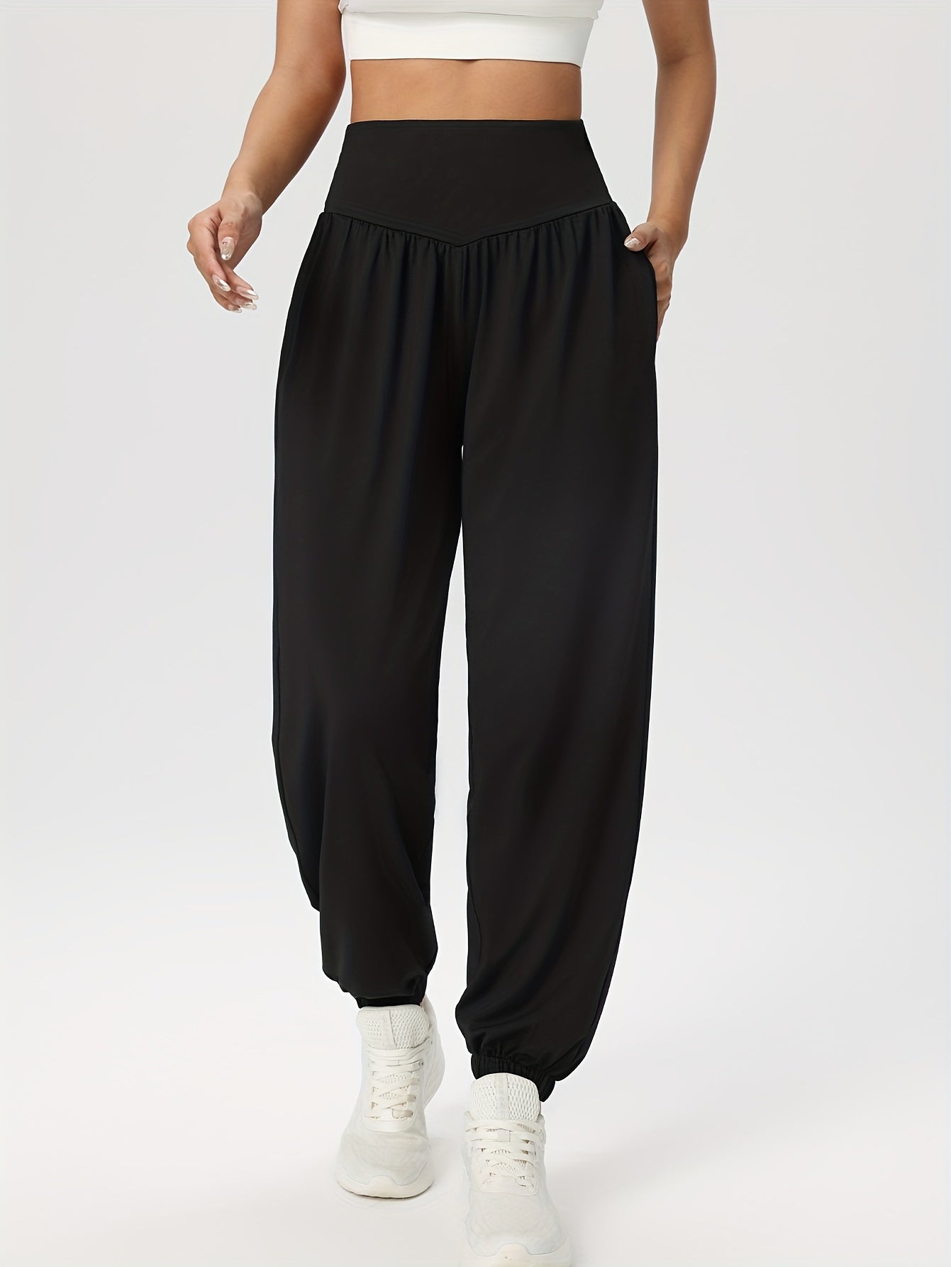 Effortless Black Jogger Pants for Women with High Waist Gathered Elastic Cuff Casual Style