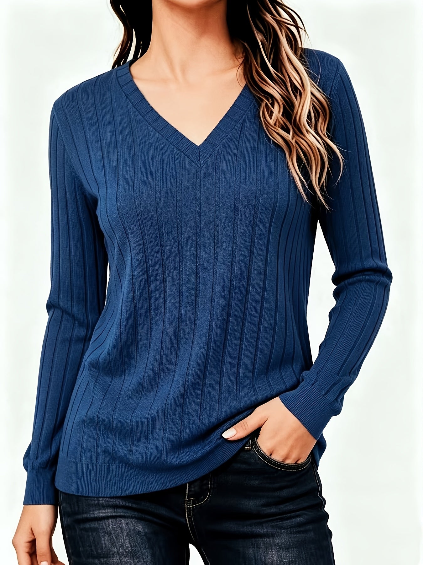 Comfortable Ribbed Knit Sweater for Women with V Neck Long Sleeve Relaxed Casual Style