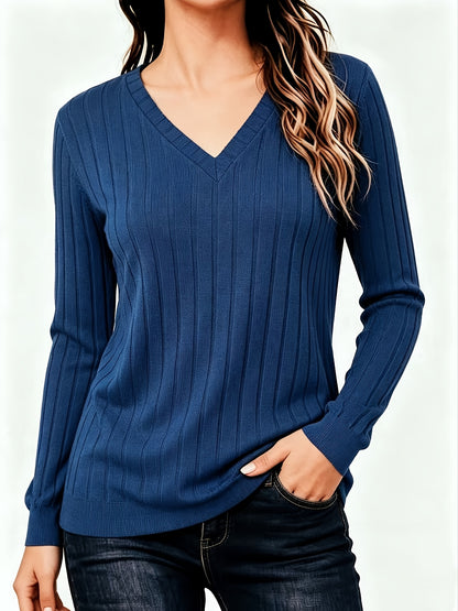 Comfortable Ribbed Knit Sweater for Women with V Neck Long Sleeve Relaxed Casual Style