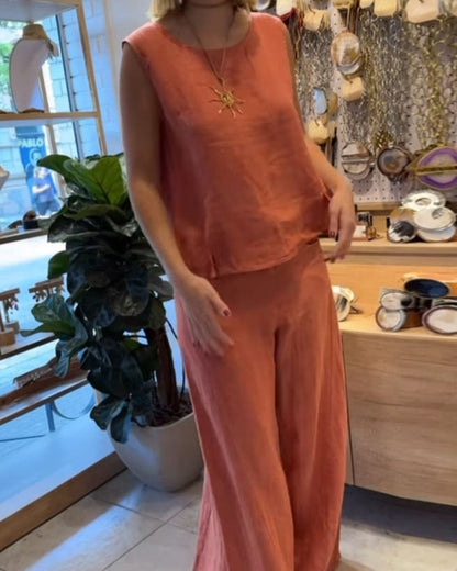 Effortless Linen Wide Leg Set for Women with Round Neck Sleeveless Relaxed Two Piece Style