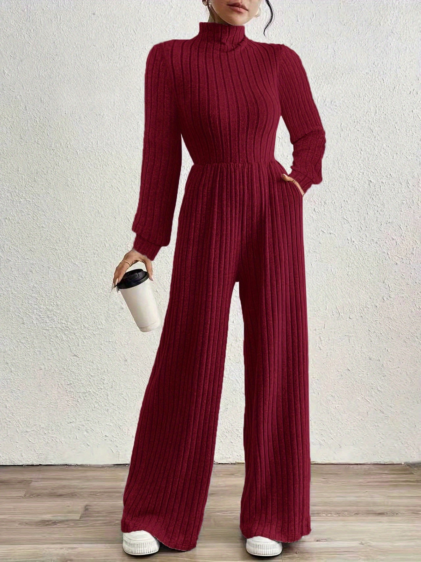 Effortless Ribbed Knit Jumpsuit for Women with Mock Neck Long Sleeve Wide Leg Relaxed Style
