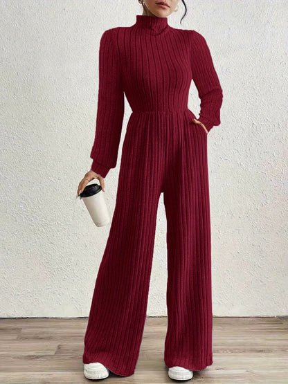 Effortless Ribbed Knit Jumpsuit for Women with Mock Neck Long Sleeve Wide Leg Relaxed Style