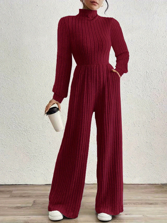 Effortless Ribbed Knit Jumpsuit for Women with Mock Neck Long Sleeve Wide Leg Relaxed Style