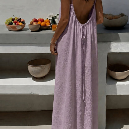 Effortless Textured Maxi Dress for Women with Spaghetti Strap Low Back Tie Flowing Bohemian Style