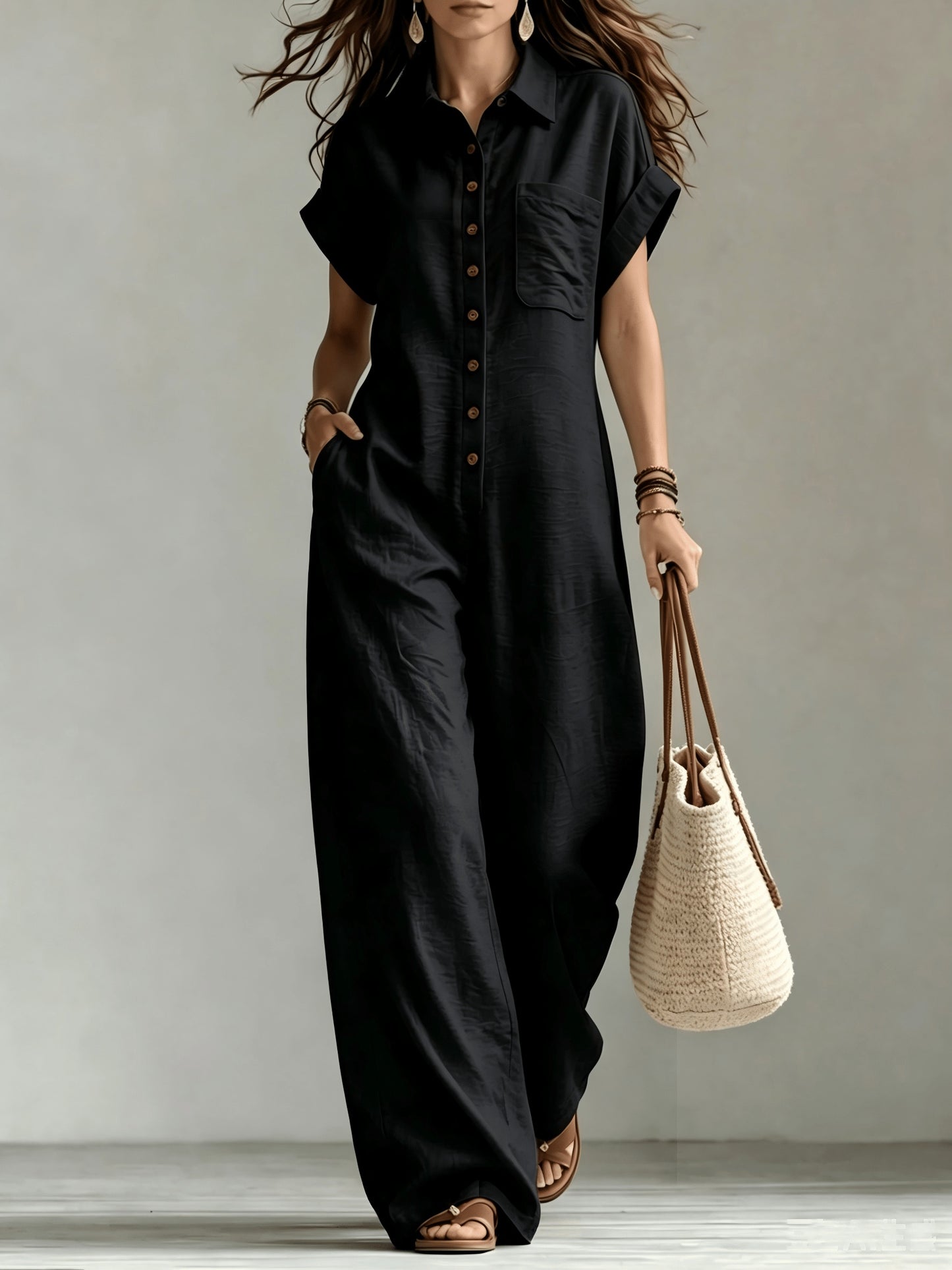 Effortless Linen Jumpsuit for Women with Collar Short Sleeve Button Front Wide Leg Casual Style