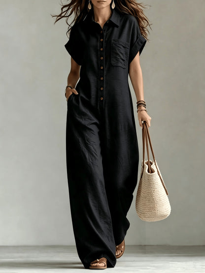 Effortless Linen Jumpsuit for Women with Collar Short Sleeve Button Front Wide Leg Casual Style