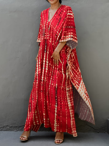 Effortless Tie Dye Maxi Dress for Women with V Neck Bell Sleeve Kaftan Flowing Bohemian Style