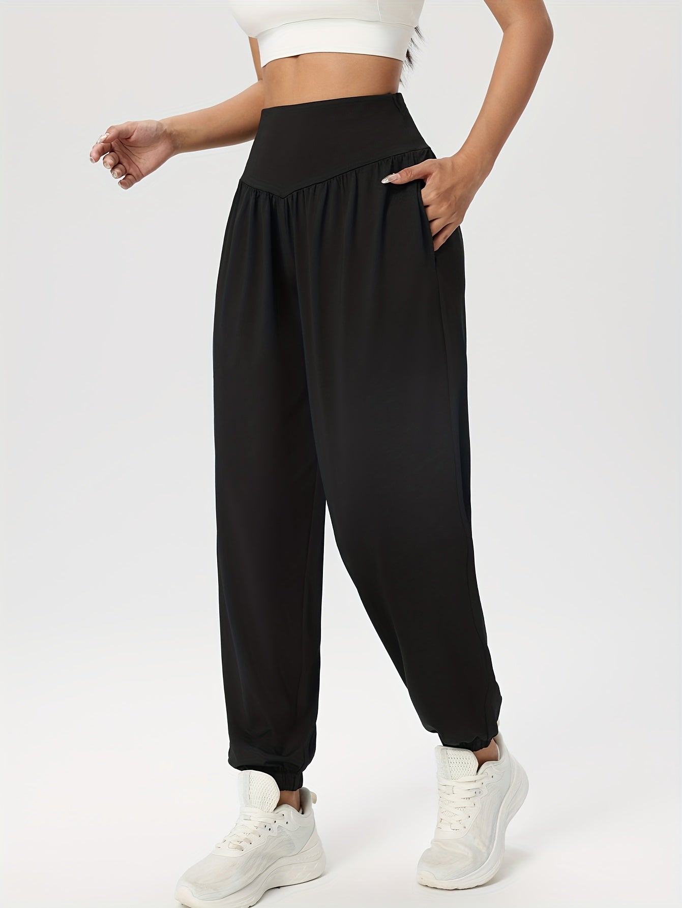 Effortless Black Jogger Pants for Women with High Waist Gathered Elastic Cuff Casual Style