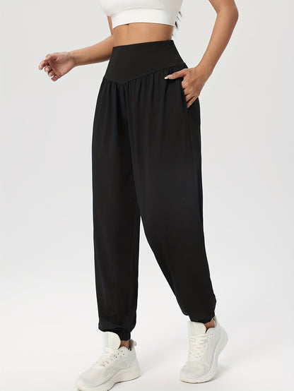 Effortless Black Jogger Pants for Women with High Waist Gathered Elastic Cuff Casual Style