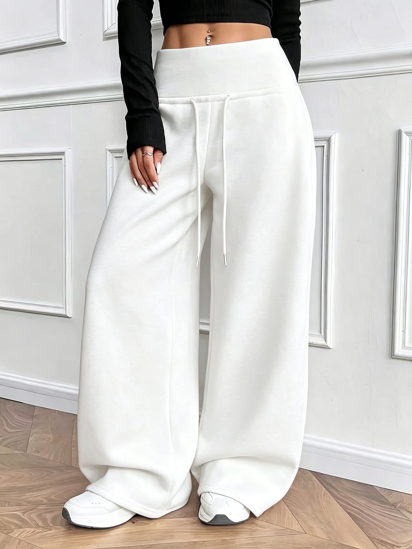 Women'S Fall Winter Solid Color Fleece Wide Leg Pants Elastic Drawstring Loose Trousers