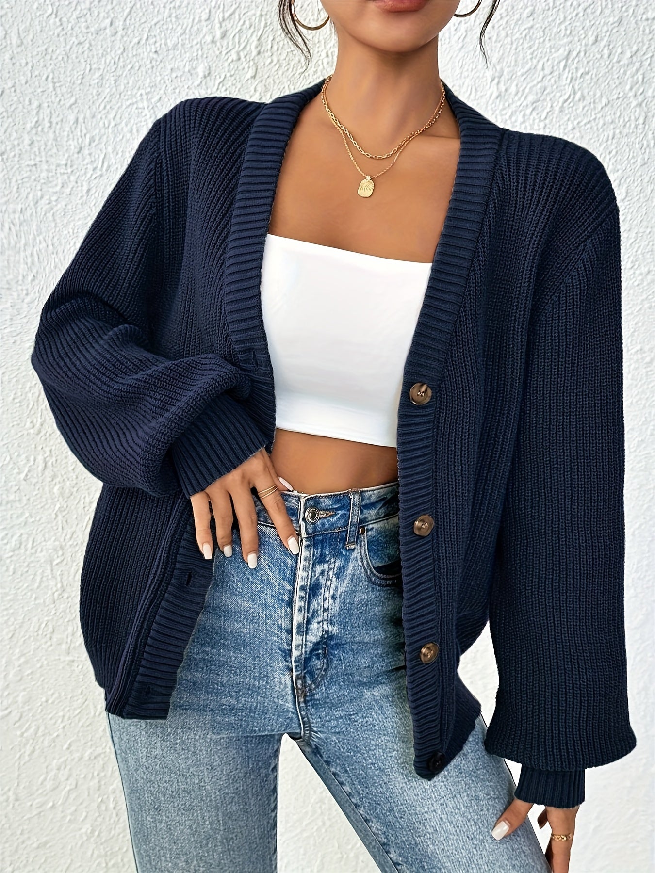 Comfortable Ribbed Cardigan Sweater for Women with V Neck Long Sleeve Button Front Oversized Knit Style