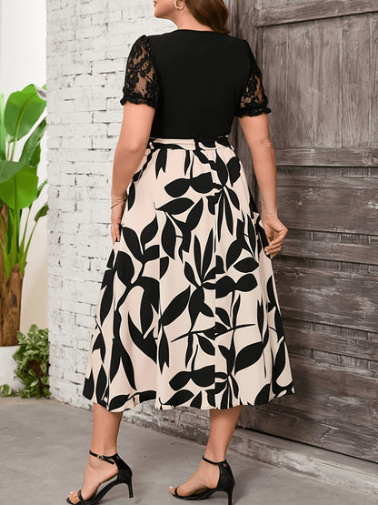 Elegant Black Leaf Print Midi Dress for Women with Scalloped V Neck Lace Sleeve Tie Waist Style