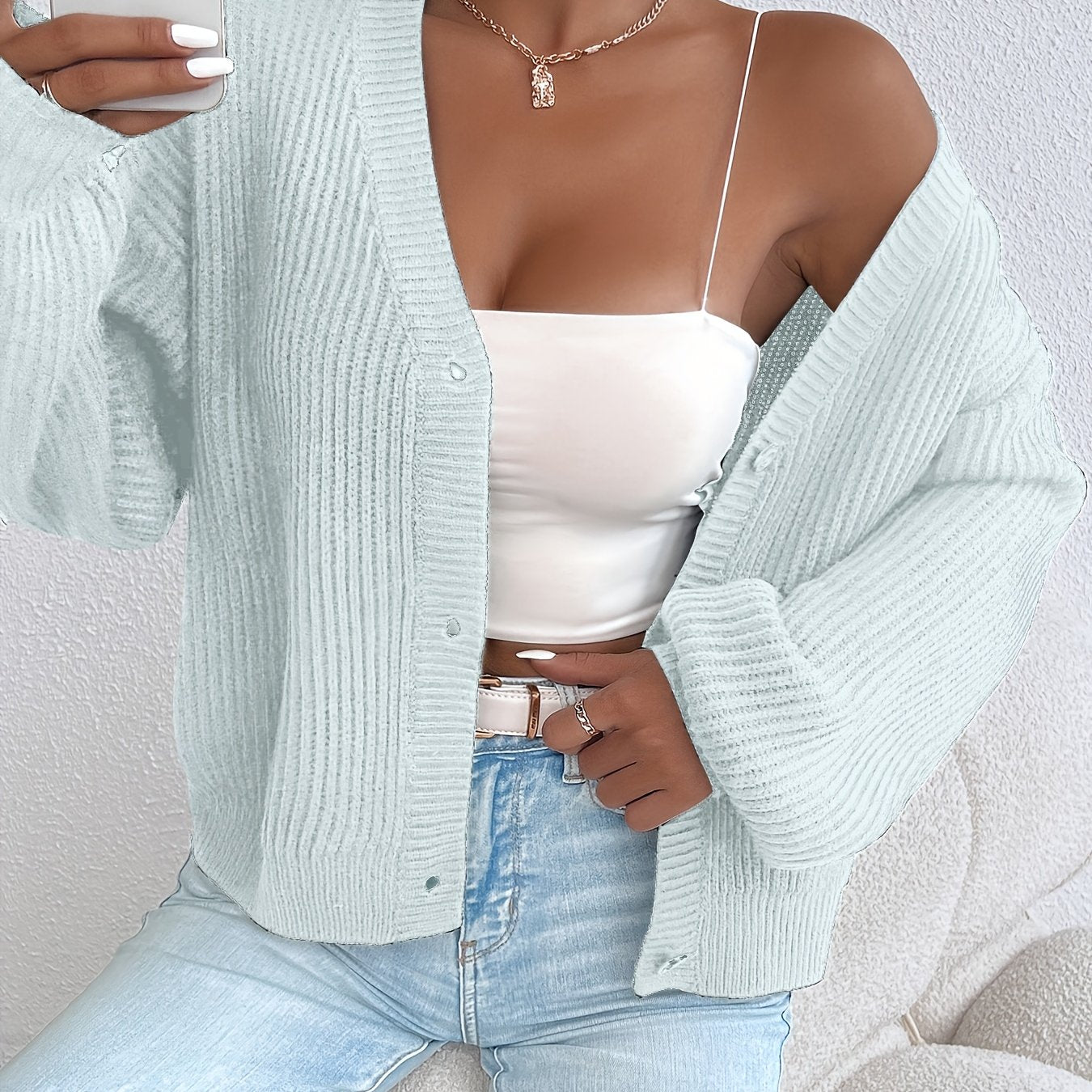 Comfortable Ribbed Knit Cardigan for Women with V Neck Long Sleeve Button Front Oversized Relaxed Style