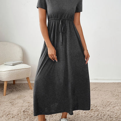 Effortless Drawstring Waist Maxi Dress for Women with Round Neck Short Sleeve Relaxed Flowing Pocket Style