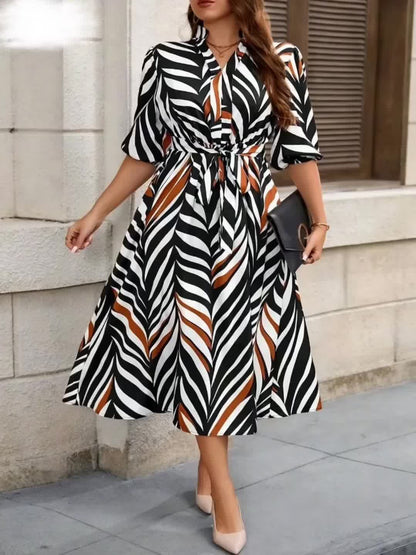 Effortless Chevron Print Maxi Dress for Women with V Neck Elbow Sleeve Wrap Tie Waist Flowing Style