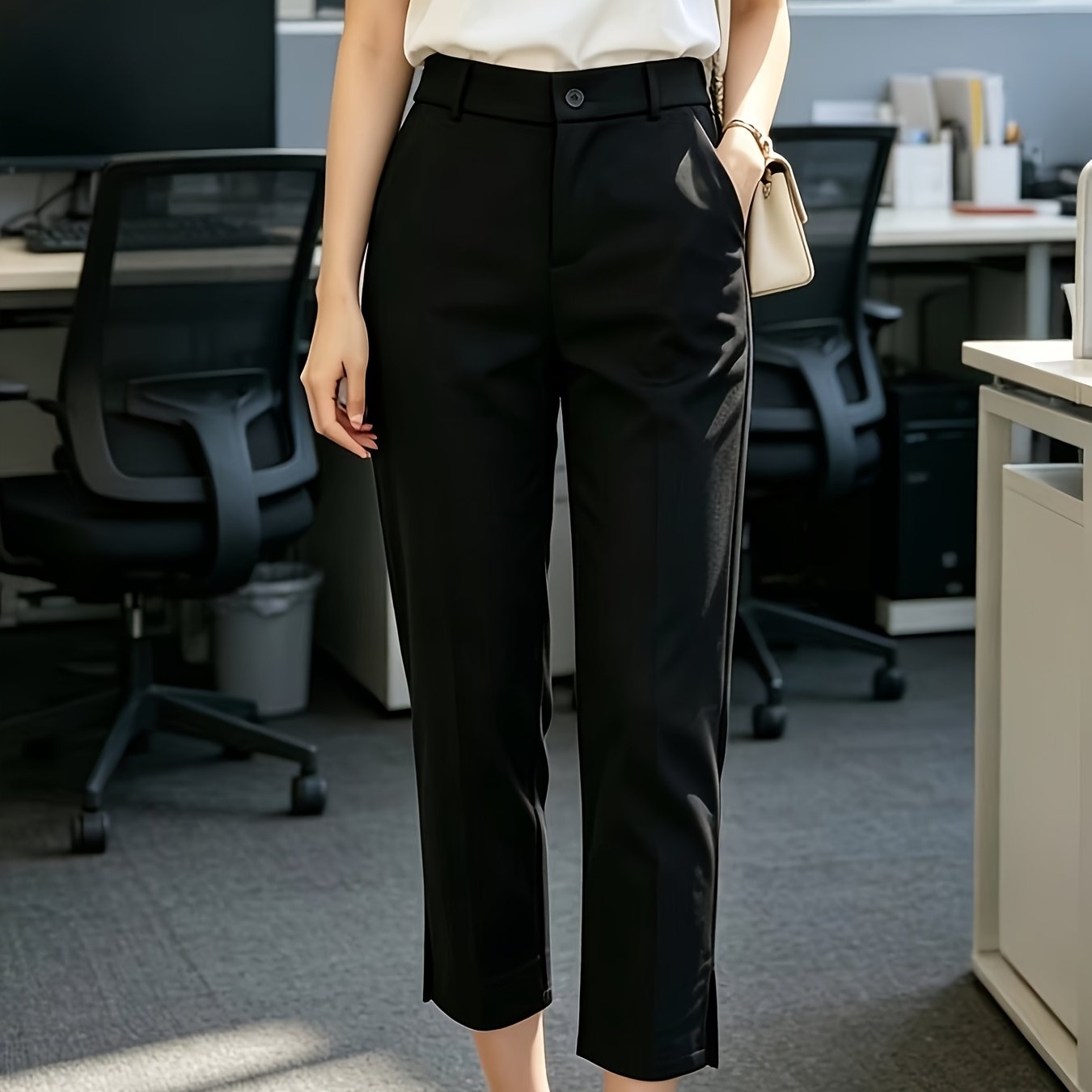 Elegant Tailored Trousers for Women with High Waist Button Front Cropped Slit Hem Casual Style