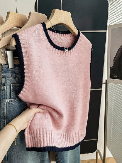 Comfortable Contrast Trim Sweater Vest for Women with Crew Neck Sleeveless Ribbed Knit Style