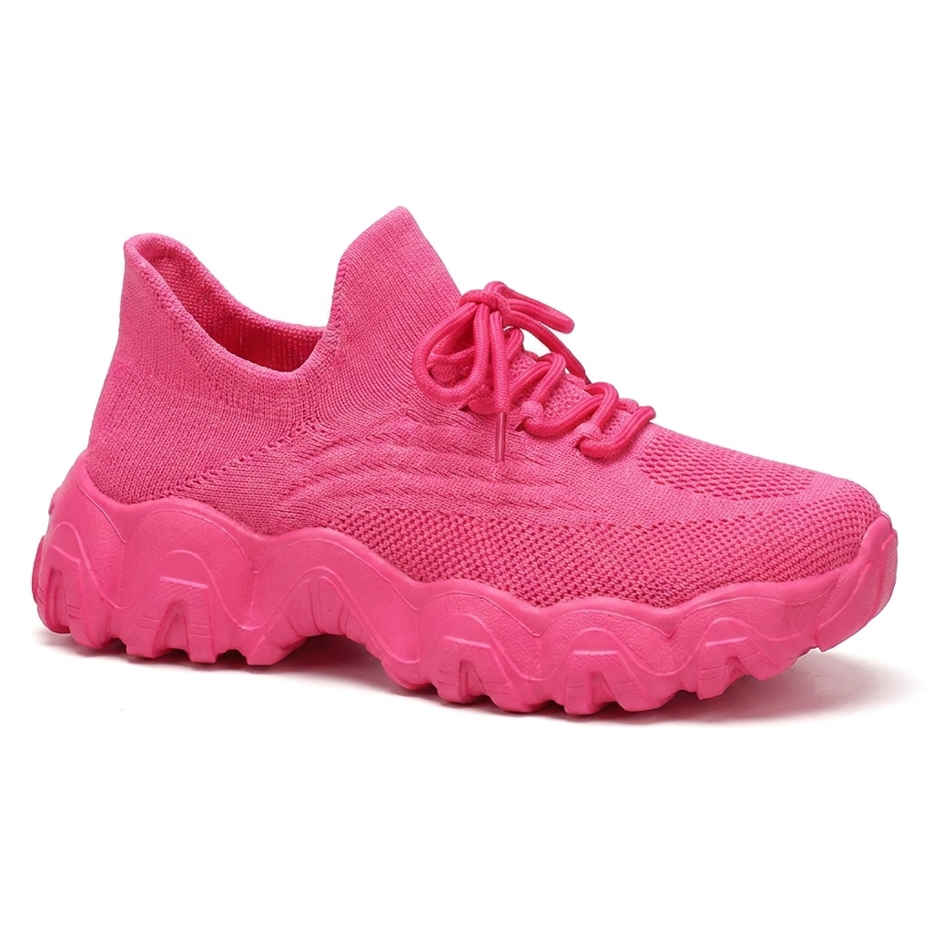 Comfortable Running Shoes for Women with Knit Mesh Upper Lace Up Chunky Sole Style