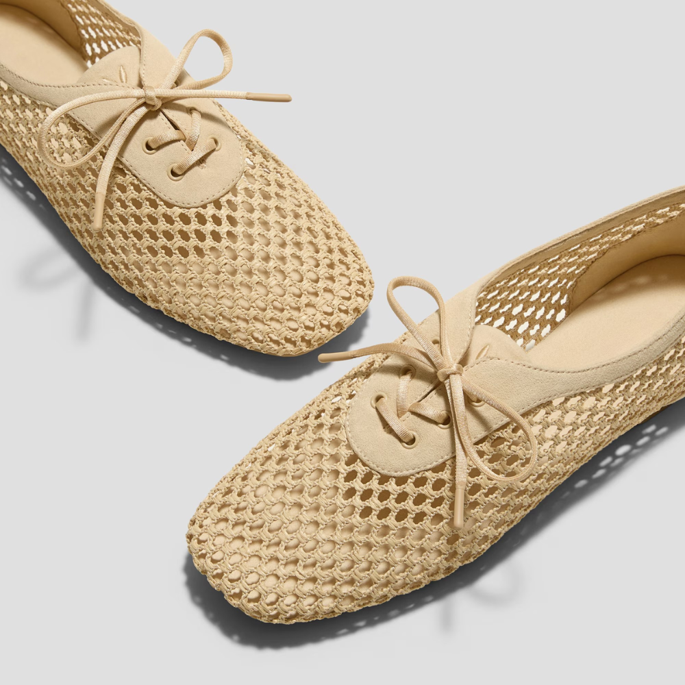 Effortless Woven Ballet Flats for Women with Square Toe Lace Up Bow Mesh Slip On Style
