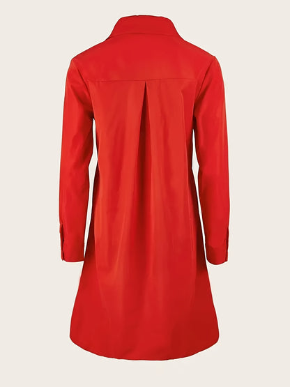 Elegant Red Shirt Dress for Women with Collar Long Sleeve Button Front A Line Midi Style