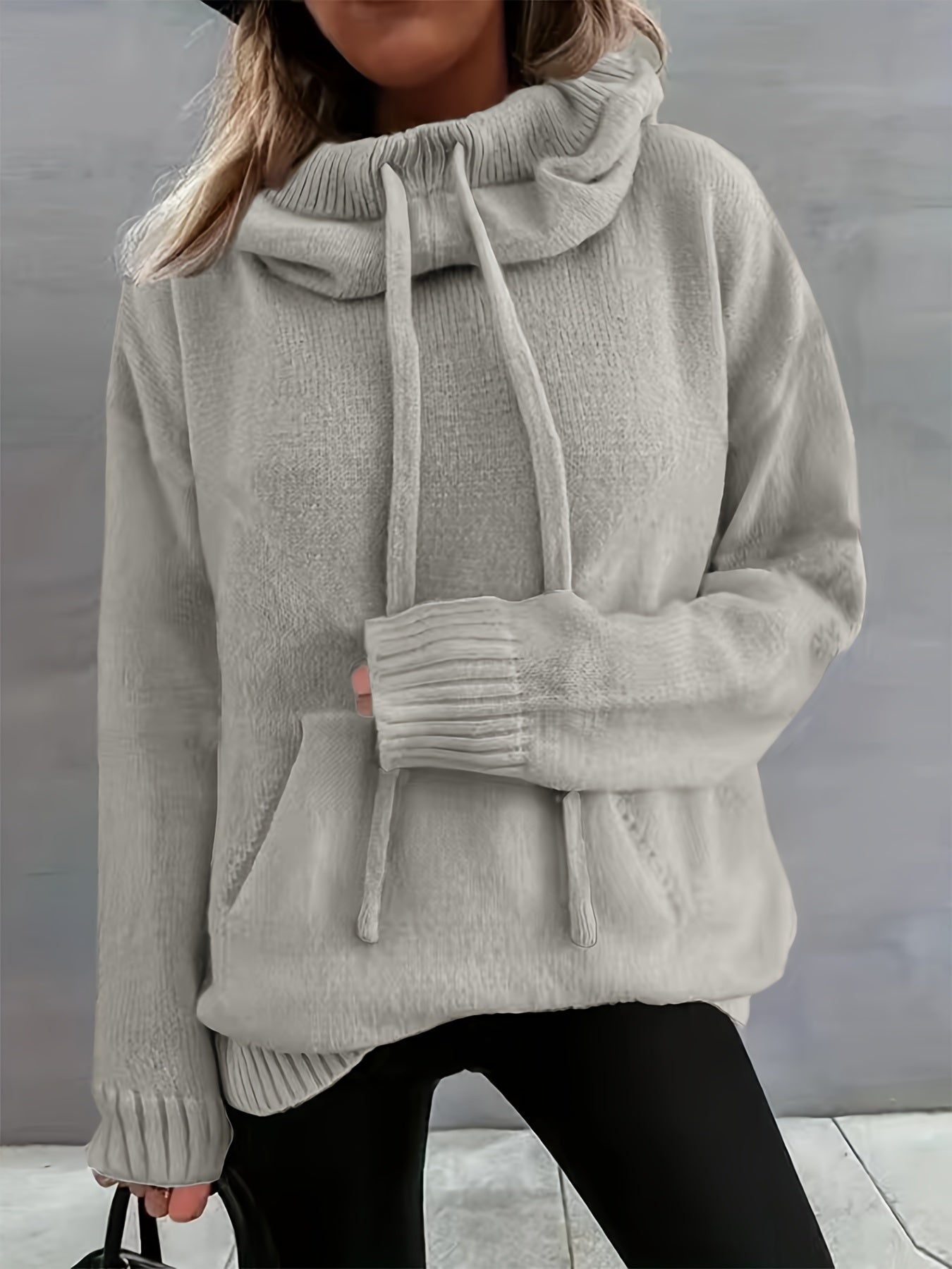 2025 New Autumn And Winter Women'S Casual Versatile Solid Color Drawstring Pocket Hooded Pullover