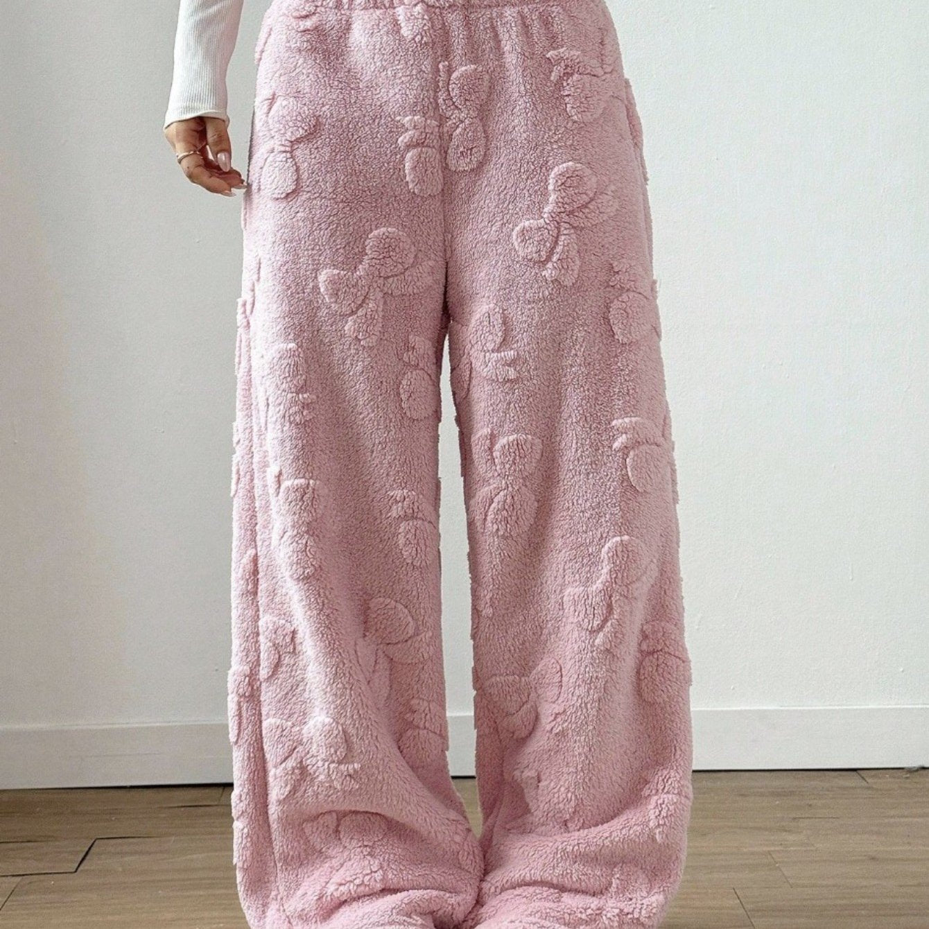 Comfortable Pink Sherpa Fleece Pants for Women with Elastic Waist Wide Leg Cozy Style