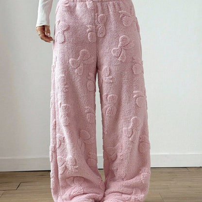 Comfortable Pink Sherpa Fleece Pants for Women with Elastic Waist Wide Leg Cozy Style