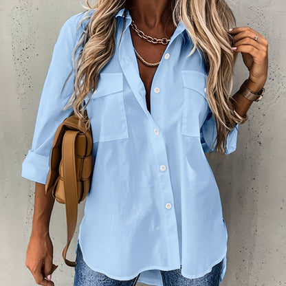 Effortless Utility Blouse for Women with Collar Long Sleeve Button Front Casual Style