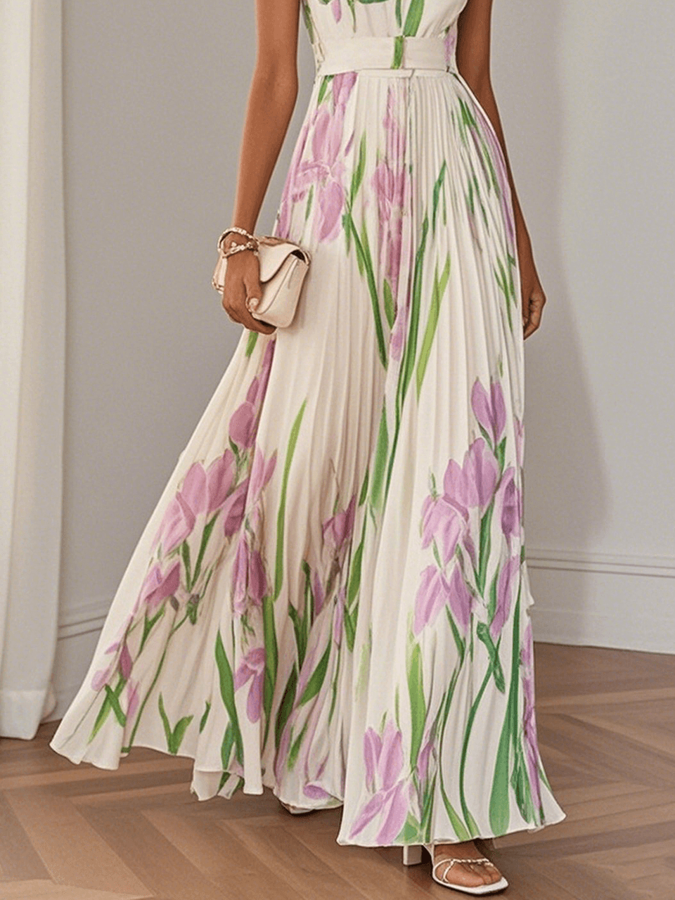 Elegant Floral Maxi Dress for Women with Square Neck Sleeveless Pleated Belted Wedding Guest Style