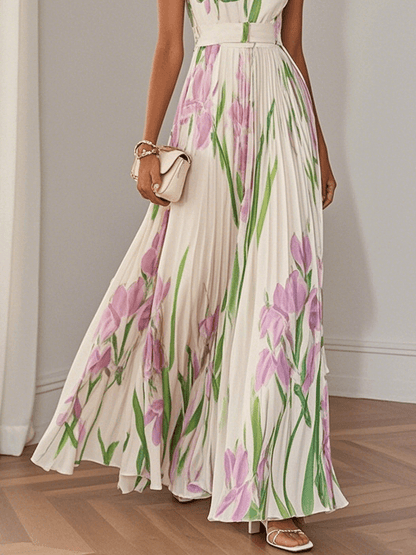 Elegant Floral Maxi Dress for Women with Square Neck Sleeveless Pleated Belted Wedding Guest Style