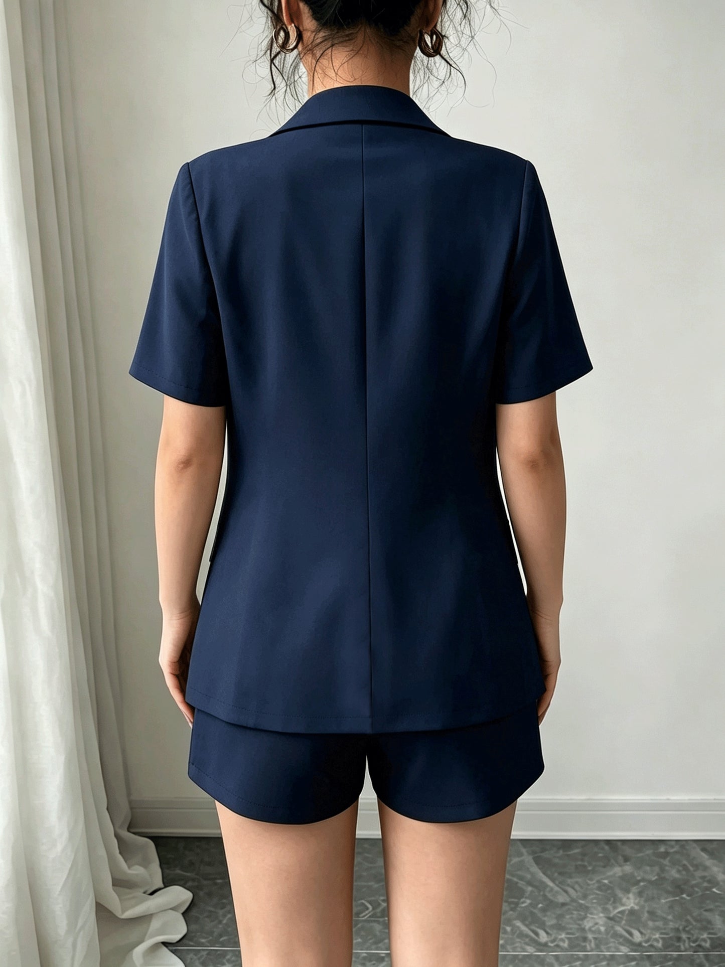 Elegant Tailored Blazer Two Piece Set for Women with Notch Lapel Short Sleeve Button Front Shorts Style