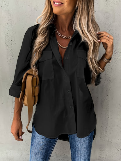 Effortless Utility Blouse for Women with Collar Long Sleeve Button Front Casual Style