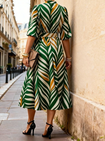 Effortless Chevron Print Maxi Dress for Women with V Neck Elbow Sleeve Wrap Tie Waist Flowing Style