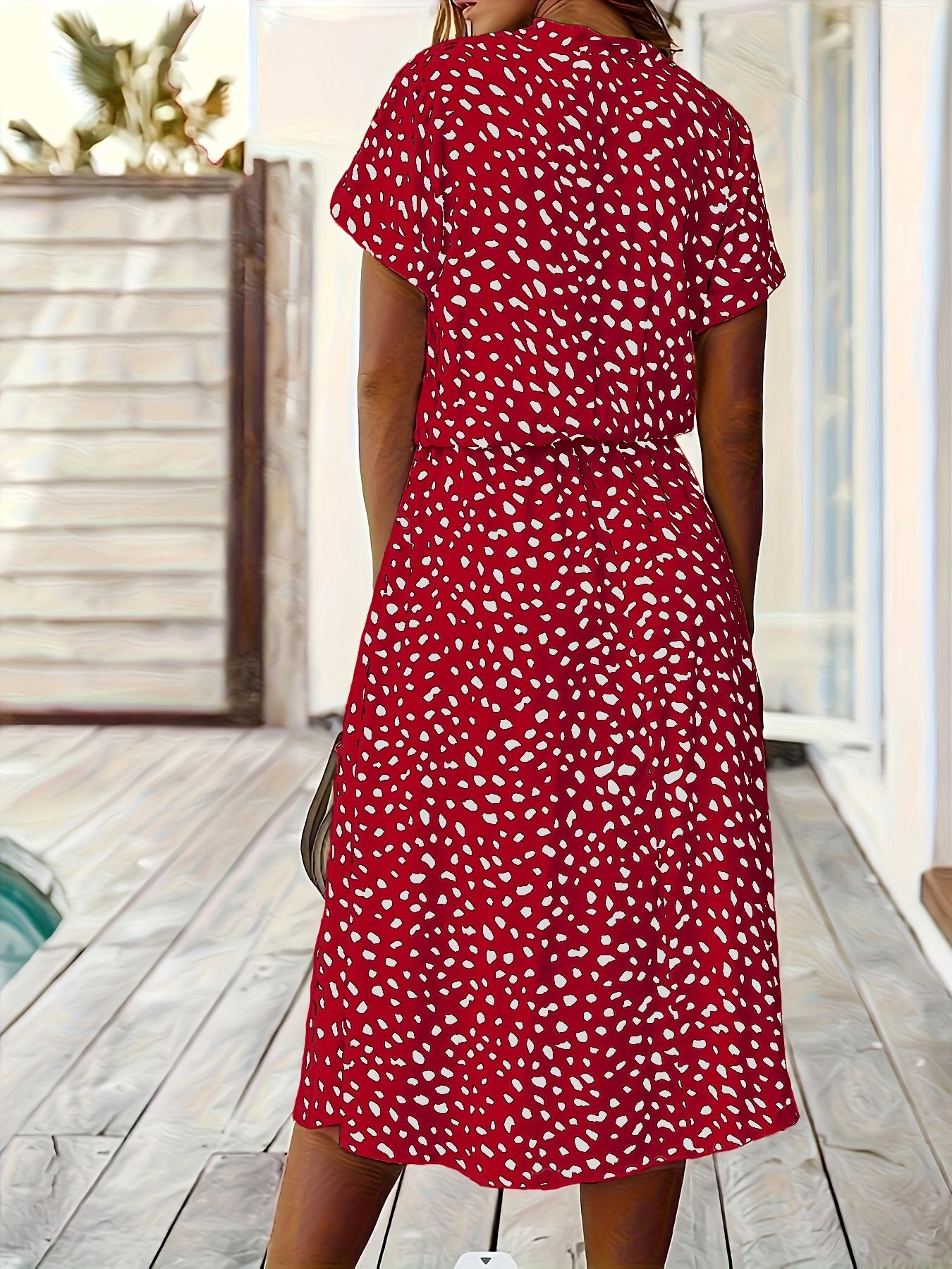 Effortless Multicolor Polka Dot Midi Dress for Women with Collar Short Sleeve Tie Waist Casual Style