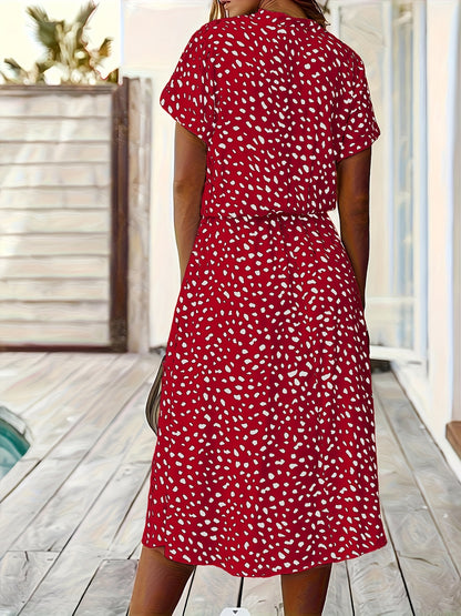 Effortless Multicolor Polka Dot Midi Dress for Women with Collar Short Sleeve Tie Waist Casual Style