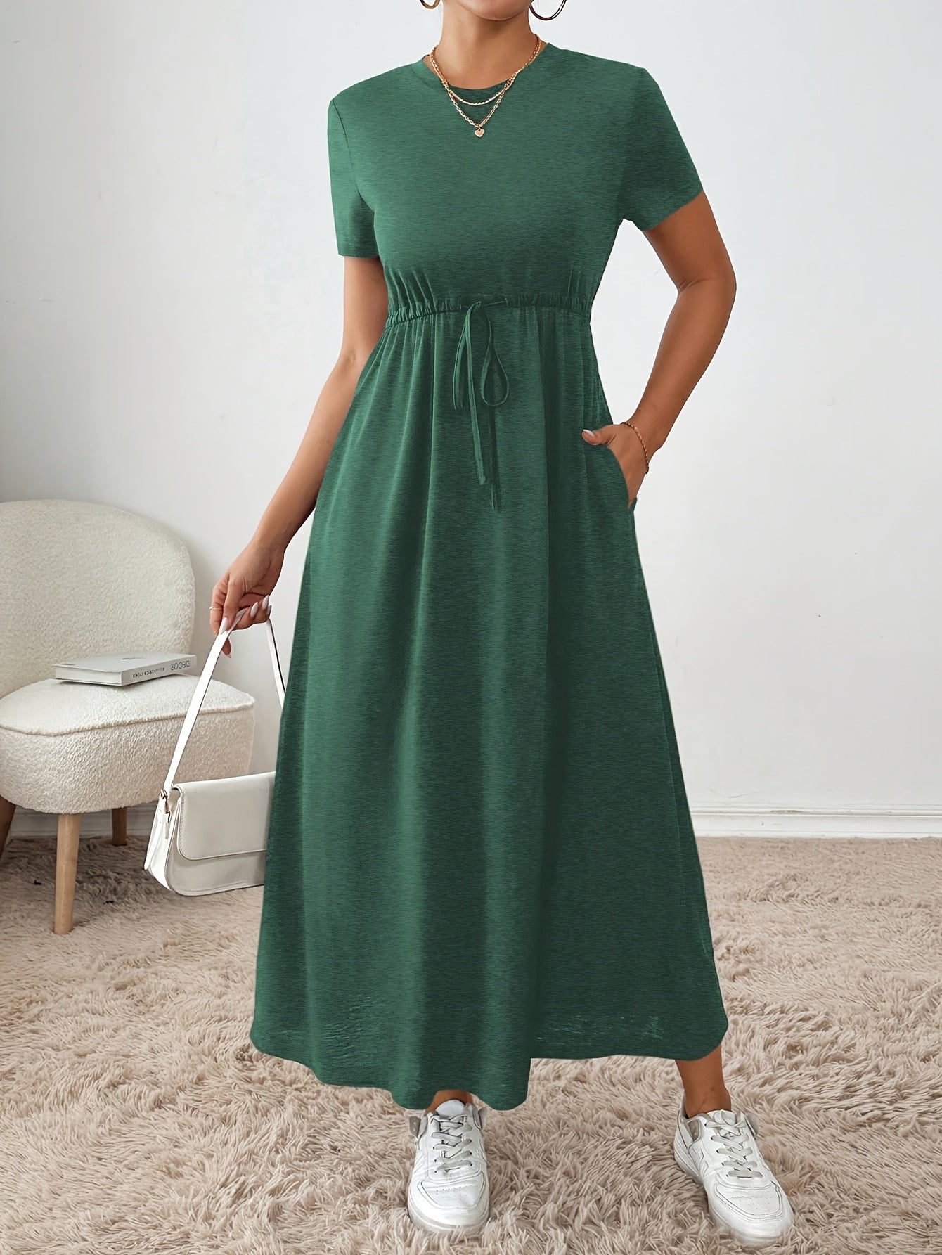 Effortless Drawstring Waist Maxi Dress for Women with Round Neck Short Sleeve Relaxed Flowing Pocket Style