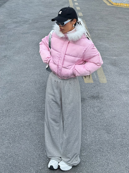 Effortless Light Grey Wide Leg Sweatpants for Women with High Waist Elastic Relaxed Oversized Casual Style