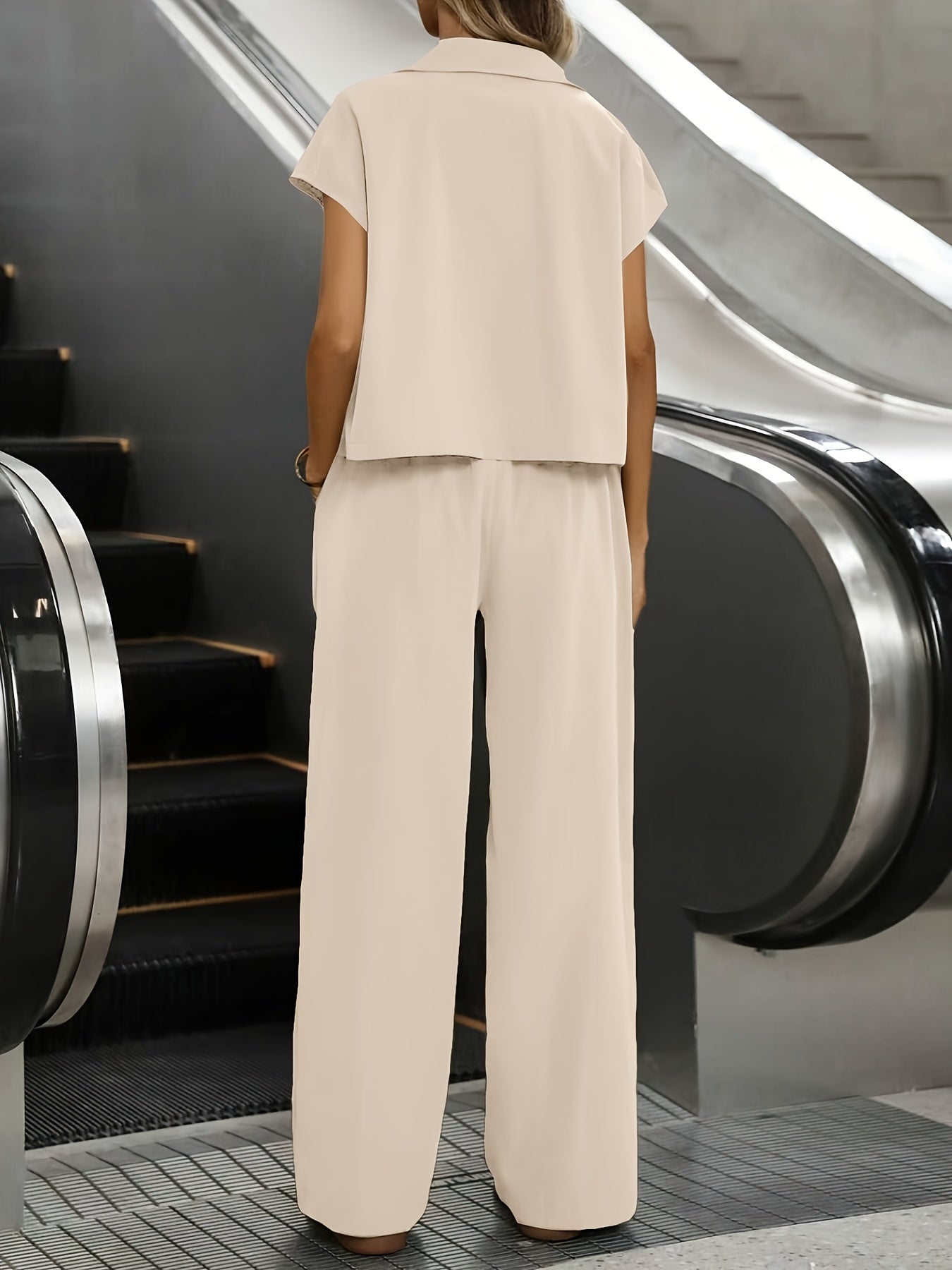 Effortless Wide Leg Two Piece Set for Women with Collar Short Sleeve Belted Relaxed Casual Style