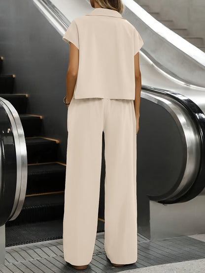 Effortless Wide Leg Two Piece Set for Women with Collar Short Sleeve Belted Relaxed Casual Style