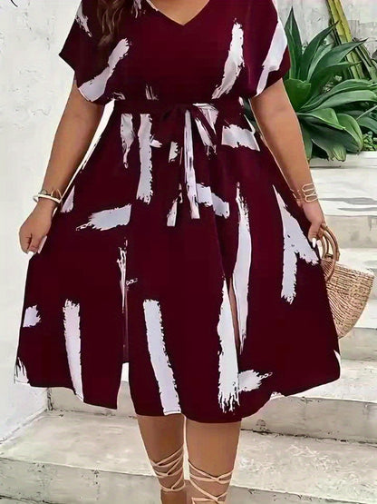Effortless Burgundy Abstract Print Midi Dress for Women with V Neck Batwing Sleeve Belted Side Slit Flowing Style
