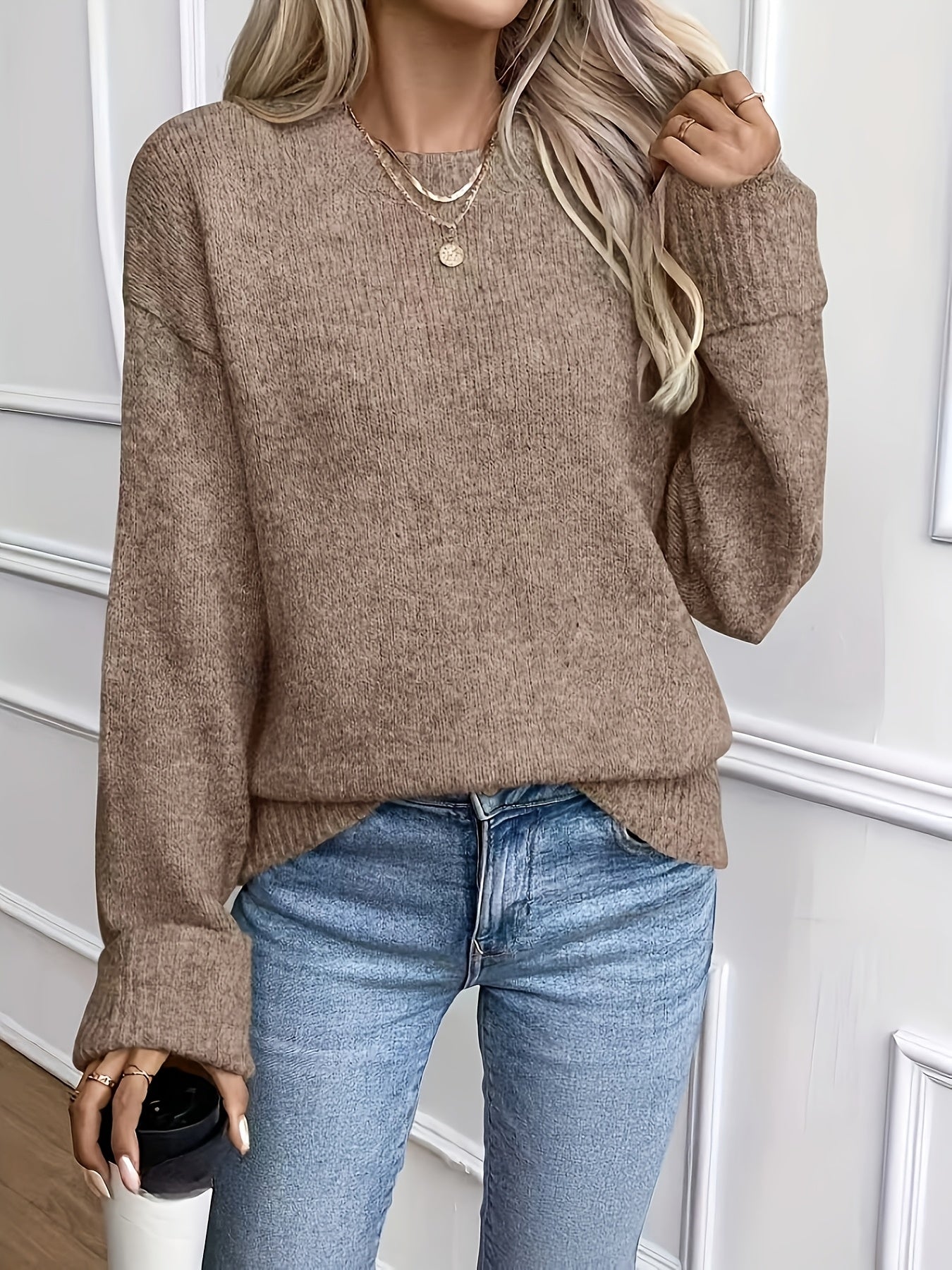 Comfortable Khaki Ribbed Knit Sweater for Women with Crew Neck Long Sleeve Relaxed Oversized Style