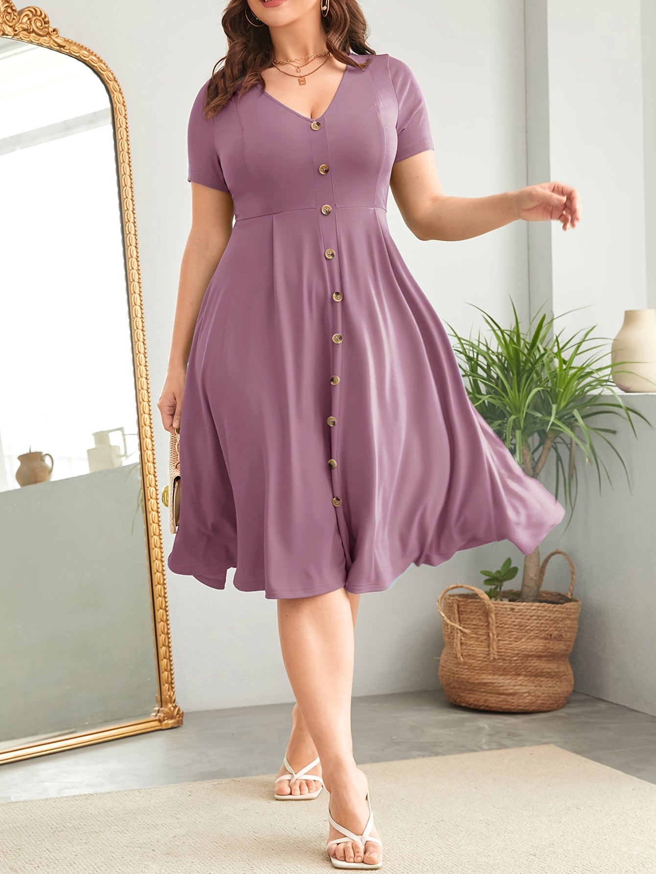 Elegant Burgundy Button Front Midi Dress for Women with V Neck Short Sleeve Fit Flare Plus Size Style